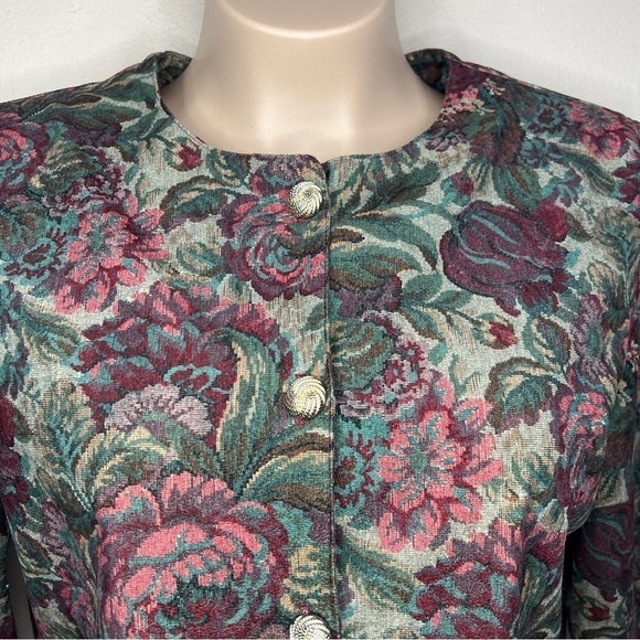 Vintage 80s Inseperables Blazer Green Red Floral Shoulder Pads Gold Button - Picture 3 of 9